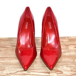 Red faux patent leather heels